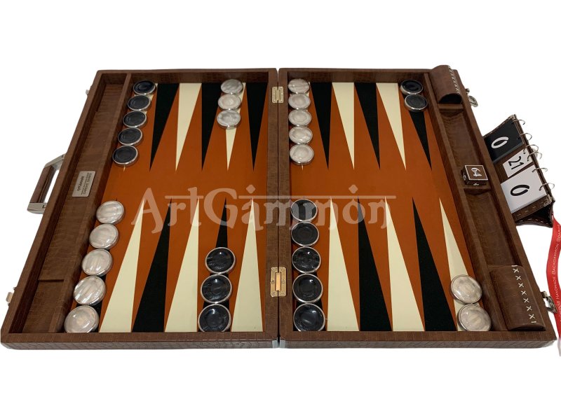 Championship Size Backgammon Set & Chrome Checkers Tan