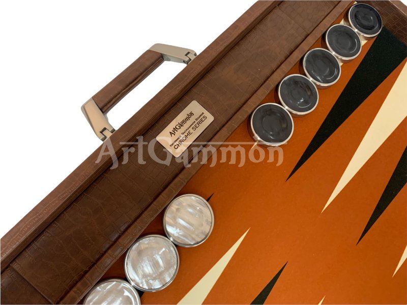 Championship Size Backgammon Set & Chrome Checkers Tan
