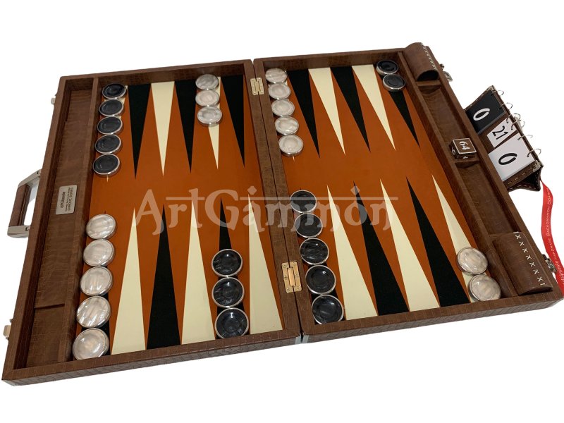 Championship Size Backgammon Set & Chrome Checkers Tan