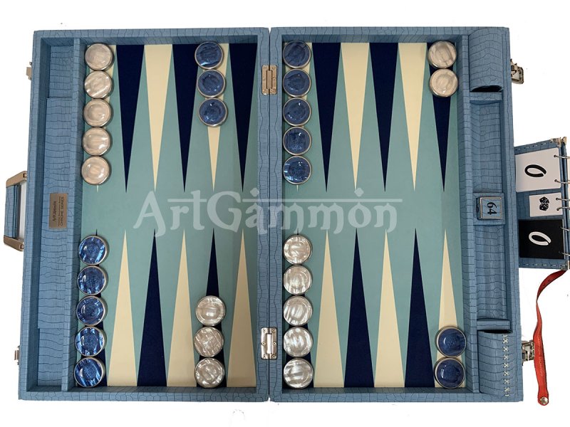 Championship Size Backgammon Set & Chrome Checkers Blue