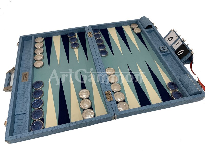 Championship Size Backgammon Set & Chrome Checkers Blue