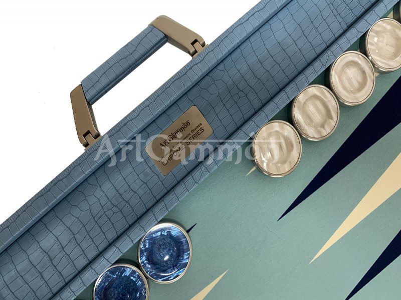 Championship Size Backgammon Set & Chrome Checkers Blue