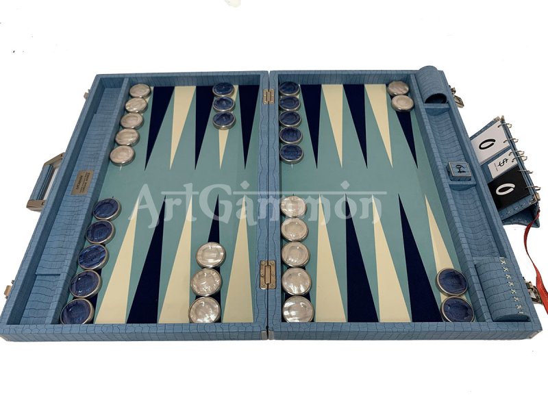 Championship Size Backgammon Set & Chrome Checkers Blue