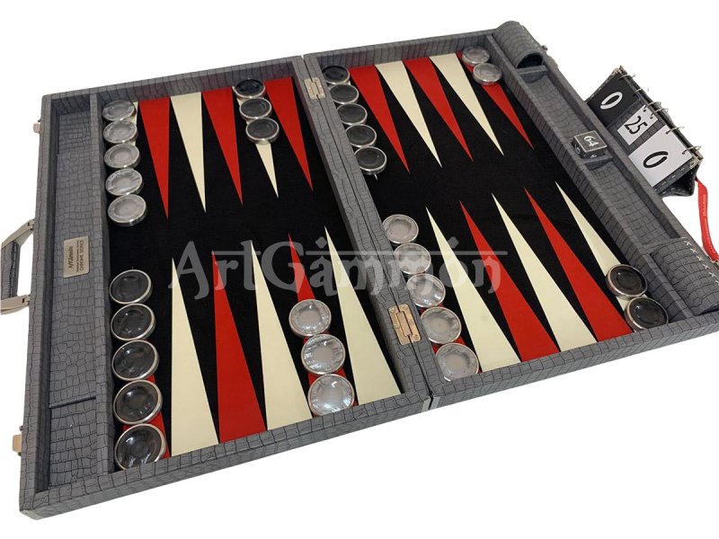 Championship Size Backgammon Set & Chrome Checkers Gray