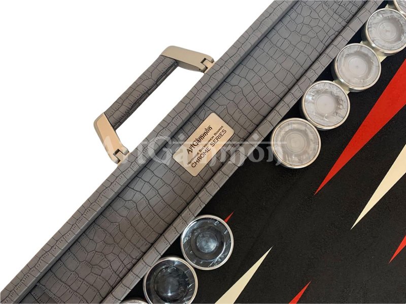 Championship Size Backgammon Set & Chrome Checkers Gray